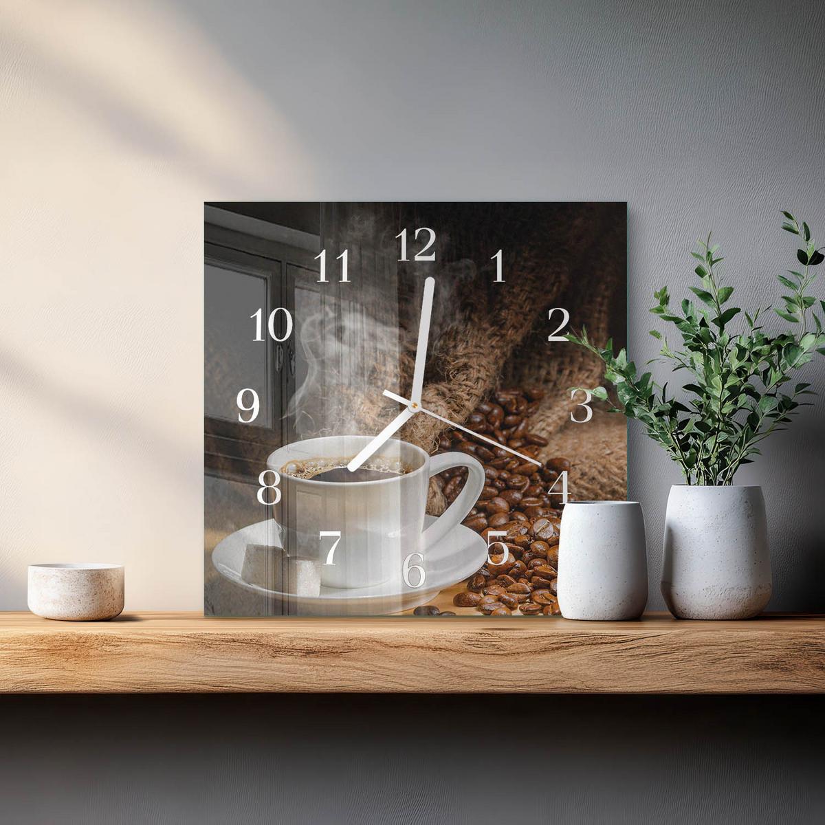 WANDUHR aus Glas 30x30 cm - Kaffee - Braun, Glas (30/30/0.4cm) - TULUP