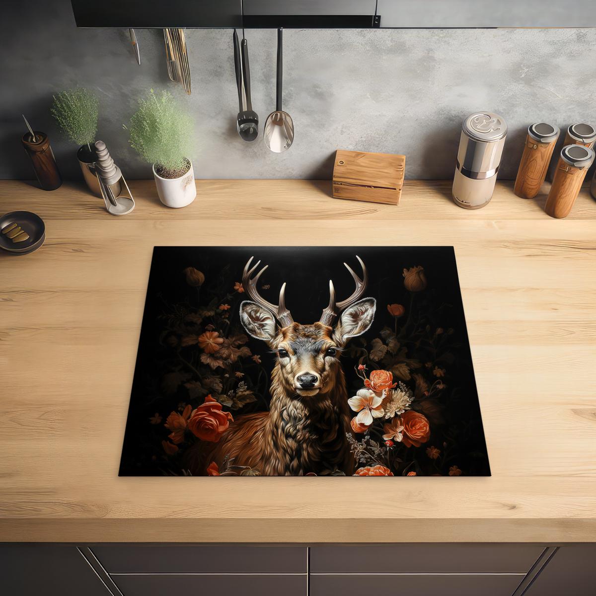 HERDABDECKPLATTE Hirsch - Tier - Blumen - Natur - Botanisch Abdeckung Ceranfeld 59x51 cm - Kupferfarben, Kunststoff (59/51/0.2cm) - MuchoWow