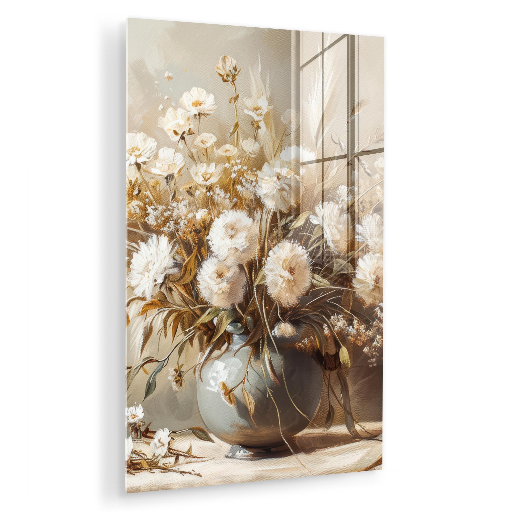 ACRYLGLASBILD Blumen - Vase - Stilleben - Beige Wanddeko Wohnzimmer 40x60 cm - Creme, Glas (40/60cm) - MuchoWow