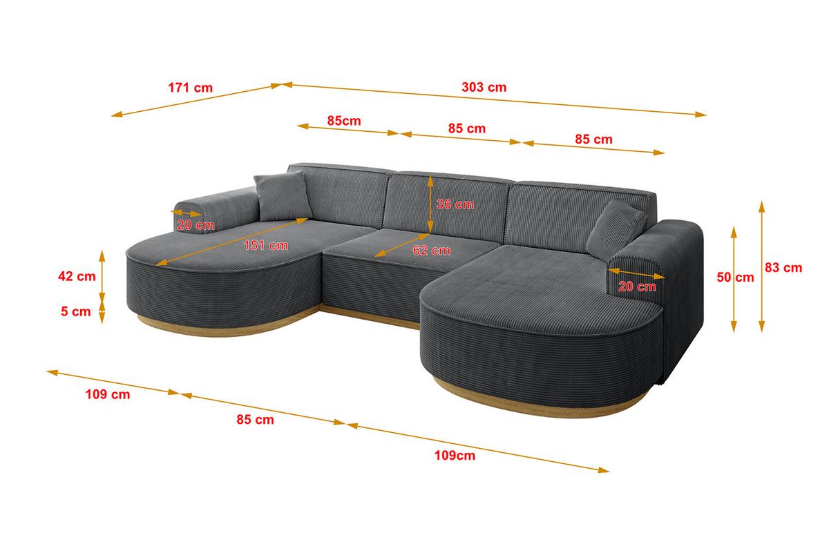 WOHNLANDSCHAFT MARI-U1-v2 - 303x171x83 cm Dunkelgrau Cord - Dunkelgrau, Holzwerkstoff/Textil (303/83/171cm) - ALTDECOR