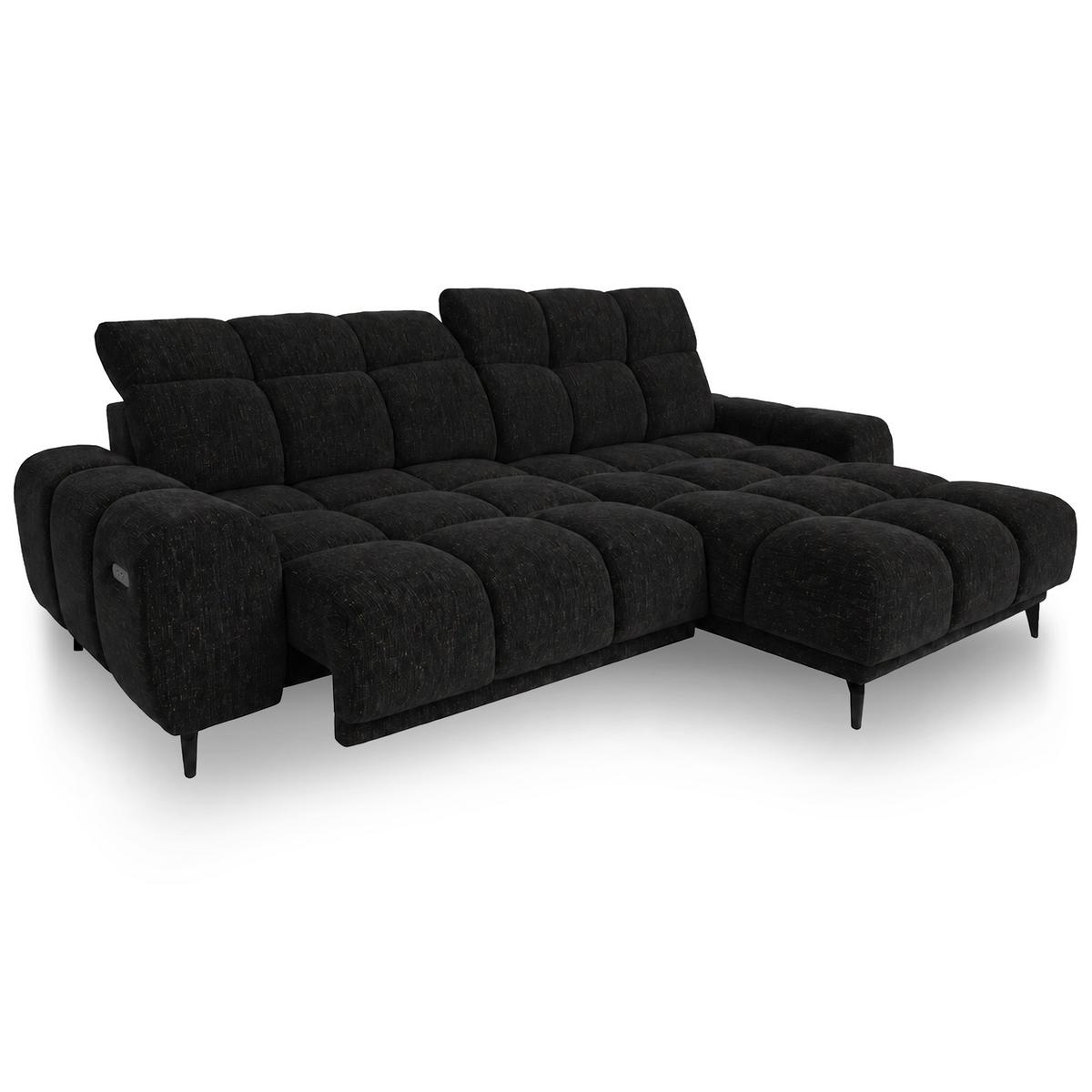 ECKSOFA Marco Mini mit elektrisch ausfahrbarem Sitz und verstellbaren Kopfstützen, Rechts, Chenille-Stoff, Schwarz - Schwarz, Textil (275/182cm) - Beautysofa