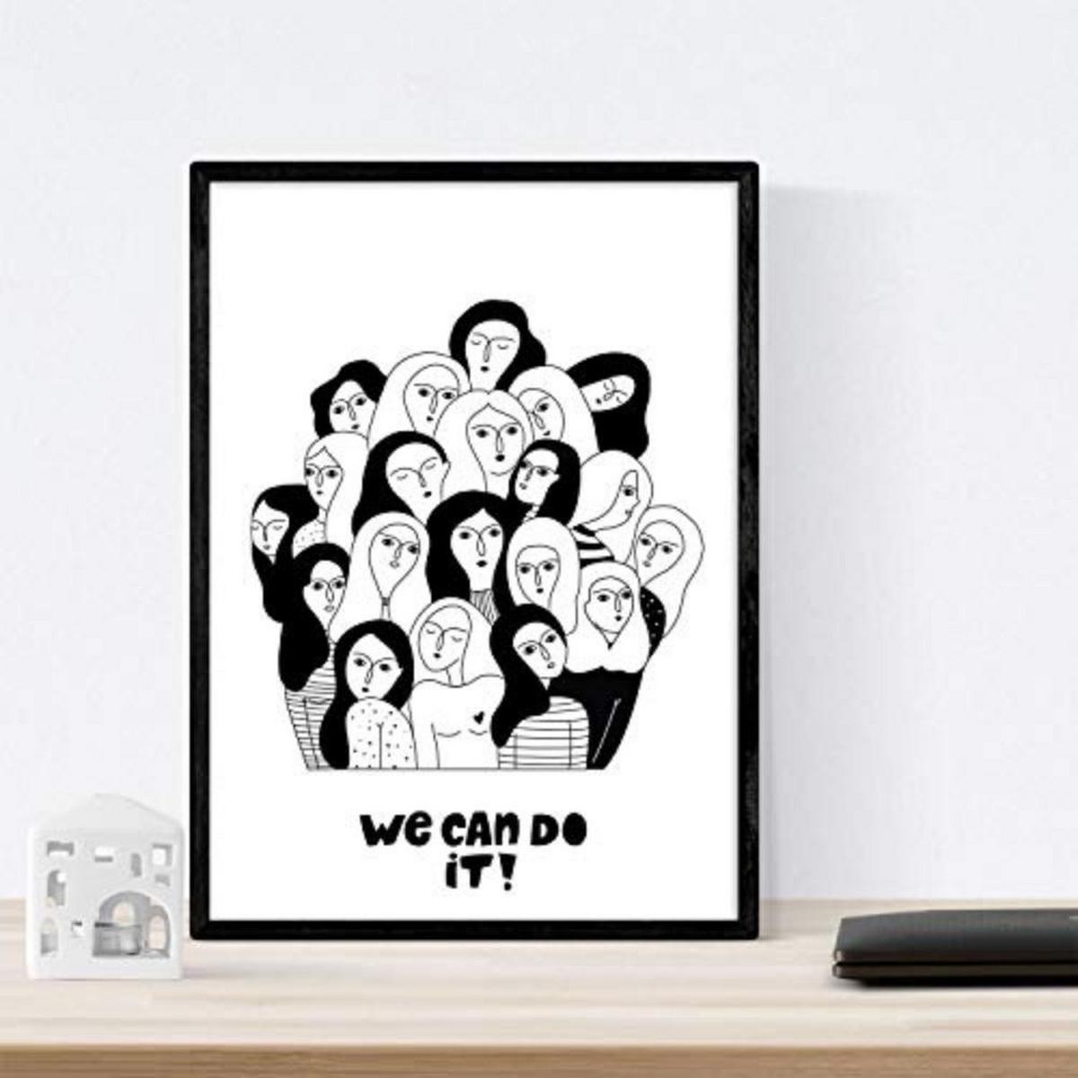 POSTER Set mit 4 Frauen, MädchenPower Zeichnungen von Frauen A3 Schwarzer Rahmen - Schwarz, Papier (29.7/3cm) - Nacnic