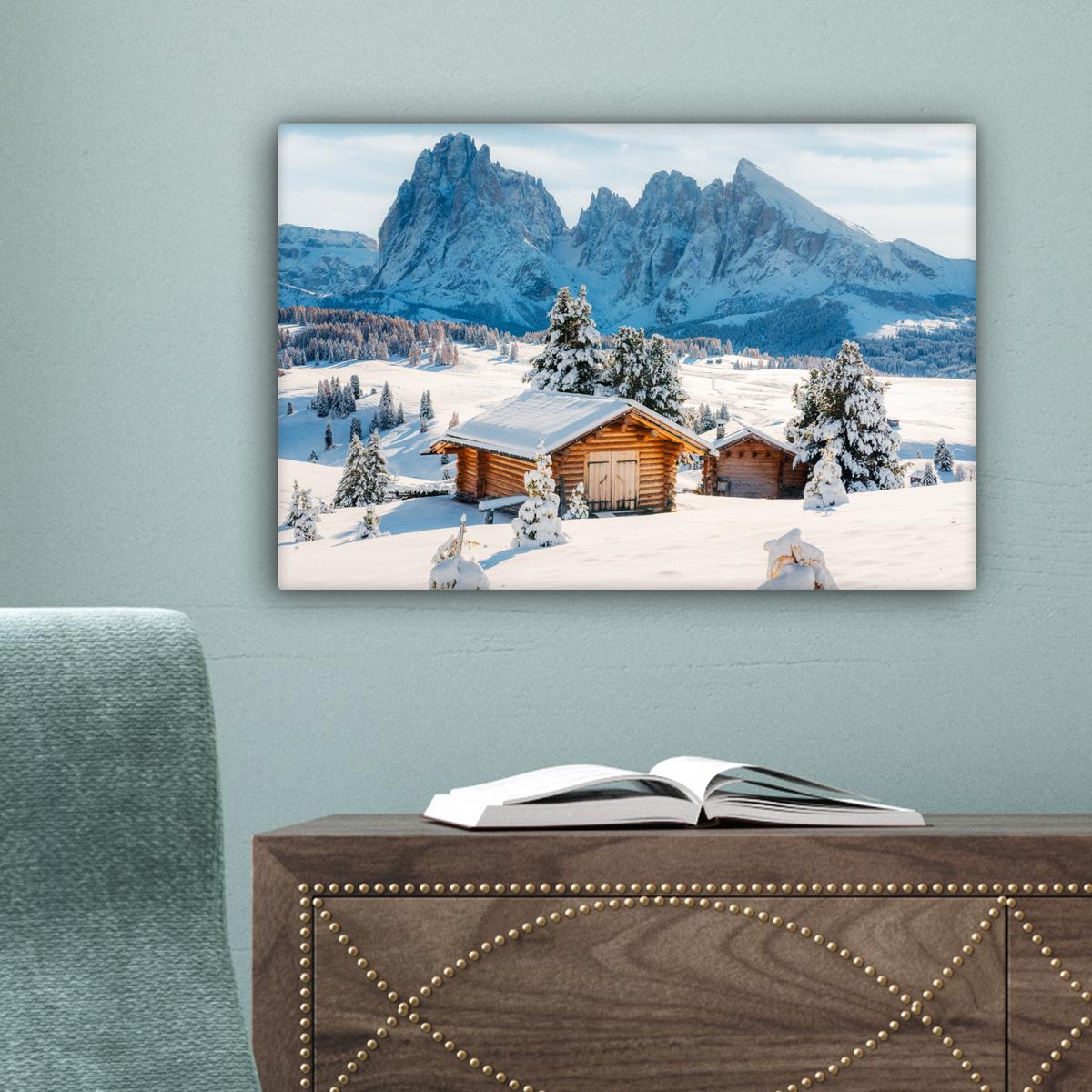 LEINWANDBILD Winter - Hütte - Berge - Aussicht - Schnee Deko Schlafzimmer 30x20 cm - Eichefarben, Textil (30/20cm) - MuchoWow