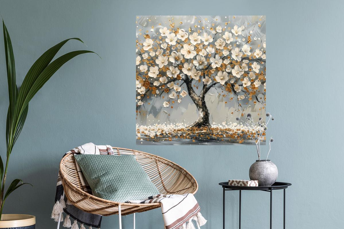 WANDTATTOO Baum - Blumen - Weiß - Natur - Kunst Wanddeko 50x50 cm - Weiß, Kunststoff (50/50/0.1cm) - MuchoWow