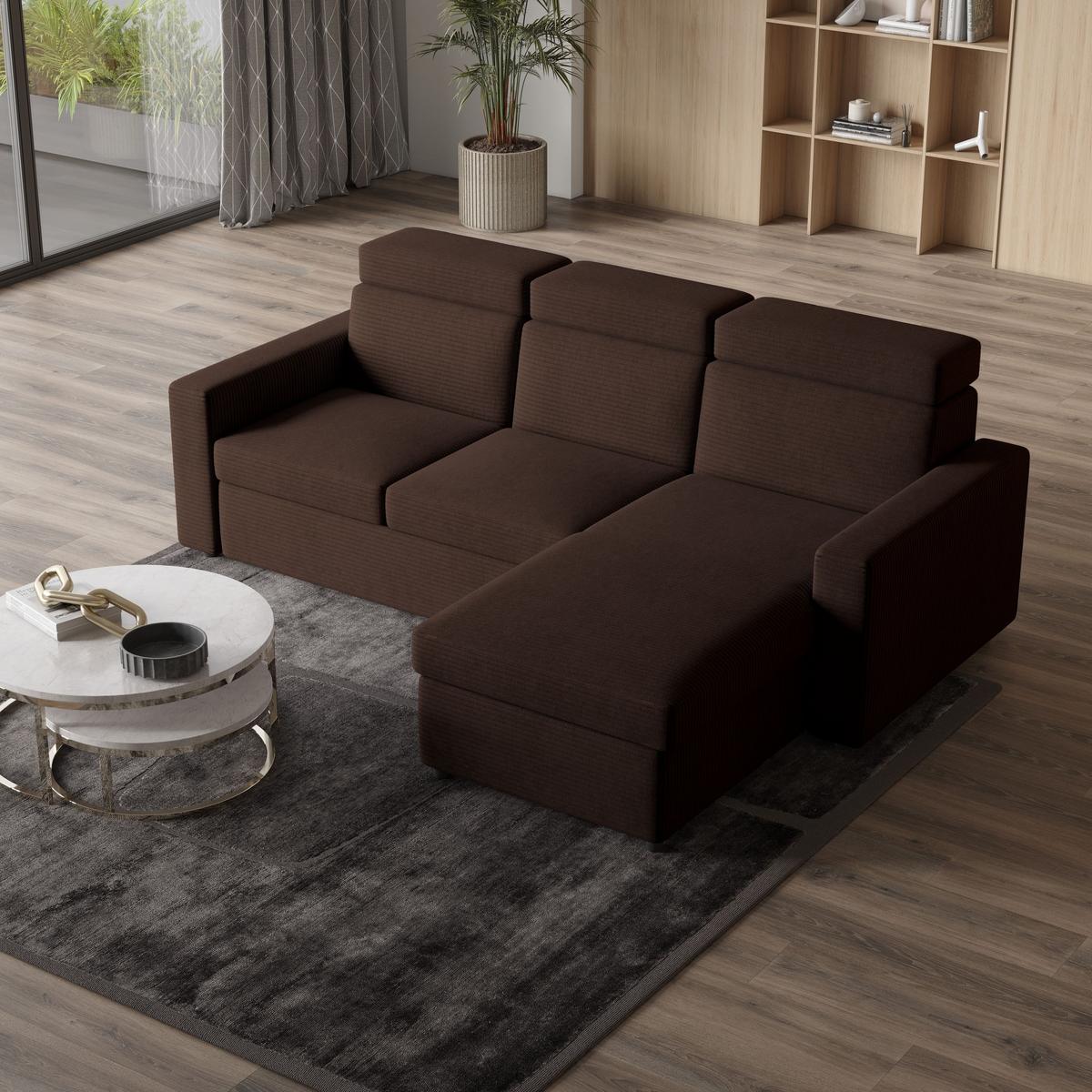 ECKSOFA PADWA Braun Kordstoff mit Schlaffunktion - Schwarz/Braun, Holz/Kunststoff (227/168cm) - MASSENO