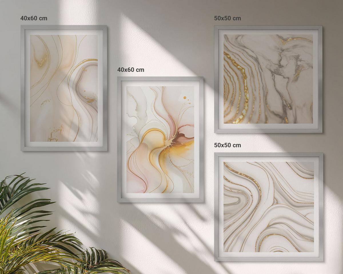 BILDER SET 4er Set - 50x50 cm & 40x60 cm Silberner Rahmen - Abstrakte warme Muster - Silberfarben, Kunststoff (50/50cm) - TULUP