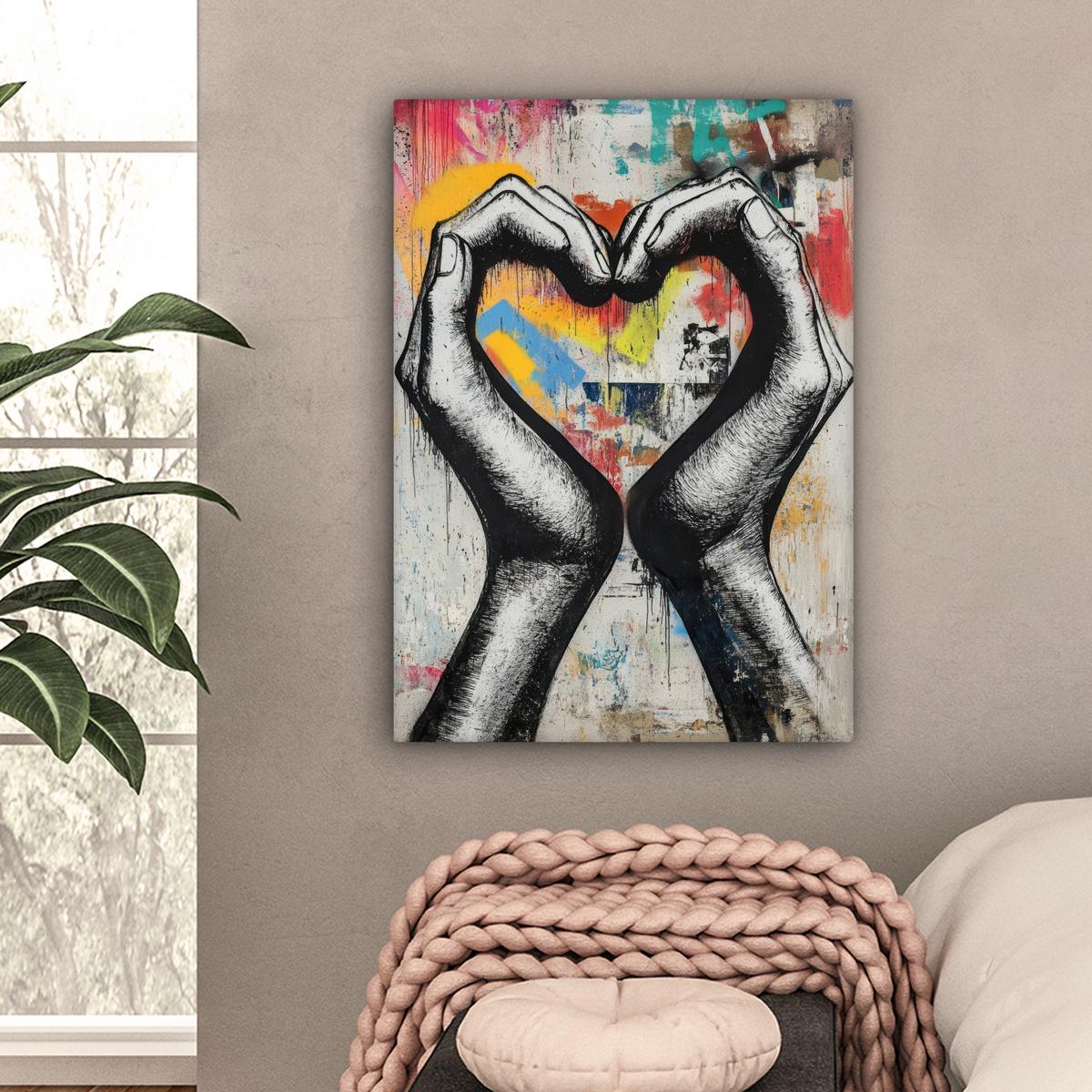 LEINWANDBILD Hände - Herz - Straßenkunst - Graffiti Wandbild Wohnzimmer 60x80 cm - Multicolor, Textil (60/80cm) - MuchoWow