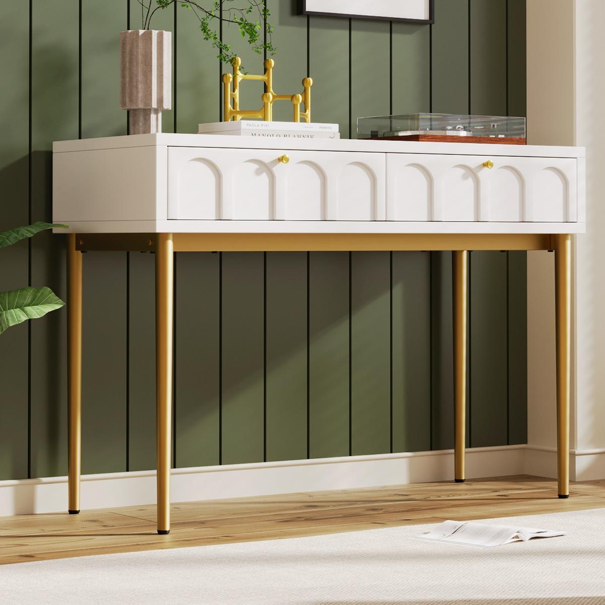 SCHMINKTISCH Cremeweiß und Golden 100/76,5/45 cm - Beige, Holzwerkstoff/Metall (100/76/45cm) - Urban Meuble