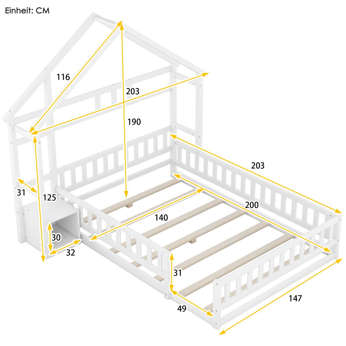 KINDERBETT 140x200 cm Hausbett Weiß – Massivholz Bett mit Geländer & Nachttisch - Weiß, Holz - Urban Meuble
