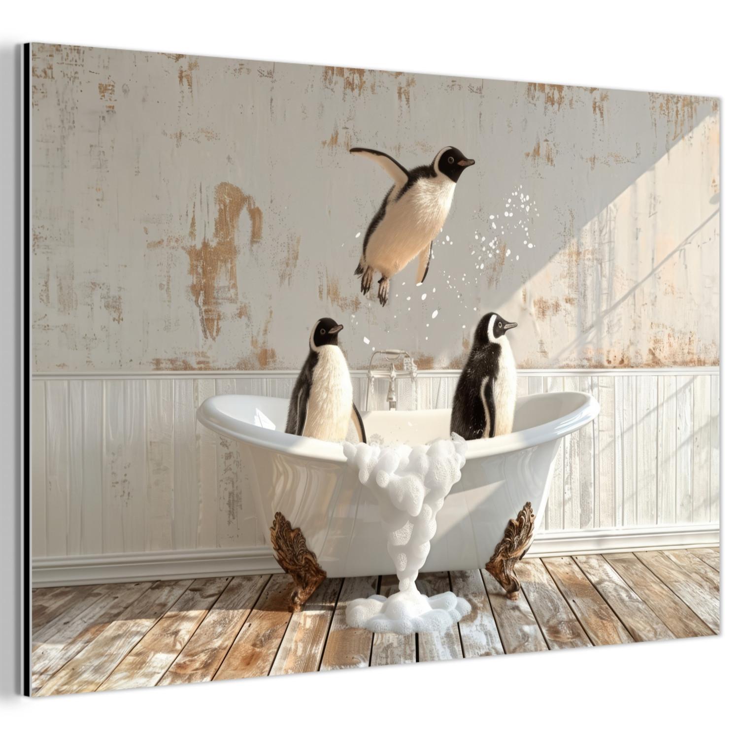 METALLBILD Vintage - Pinguin - Badewanne - Schaumstoff Wanddeko 90x60 cm - Schwarz, Metall (90/60cm) - MuchoWow