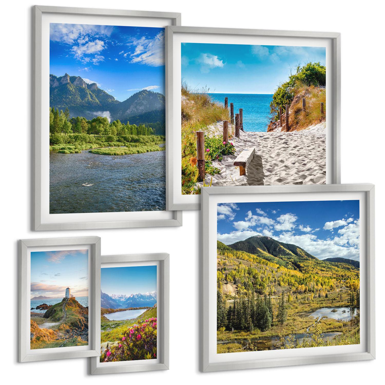 BILDER SET 5er Set - 50x50 cm & 20x30 cm & 40x60 cm Silberner Rahmen - See, Brücken, Berge - Silberfarben, Kunststoff (40/60cm) - TULUP