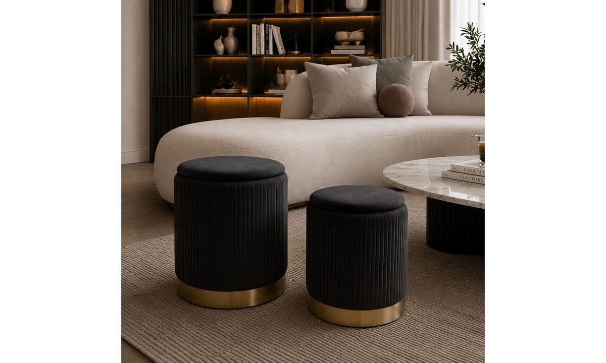 HOCKER-SET GEMINI 37/37/42 cm Schwarz - Goldfarben/Schwarz, Textil/Metall (37/42/37cm) - Lookway