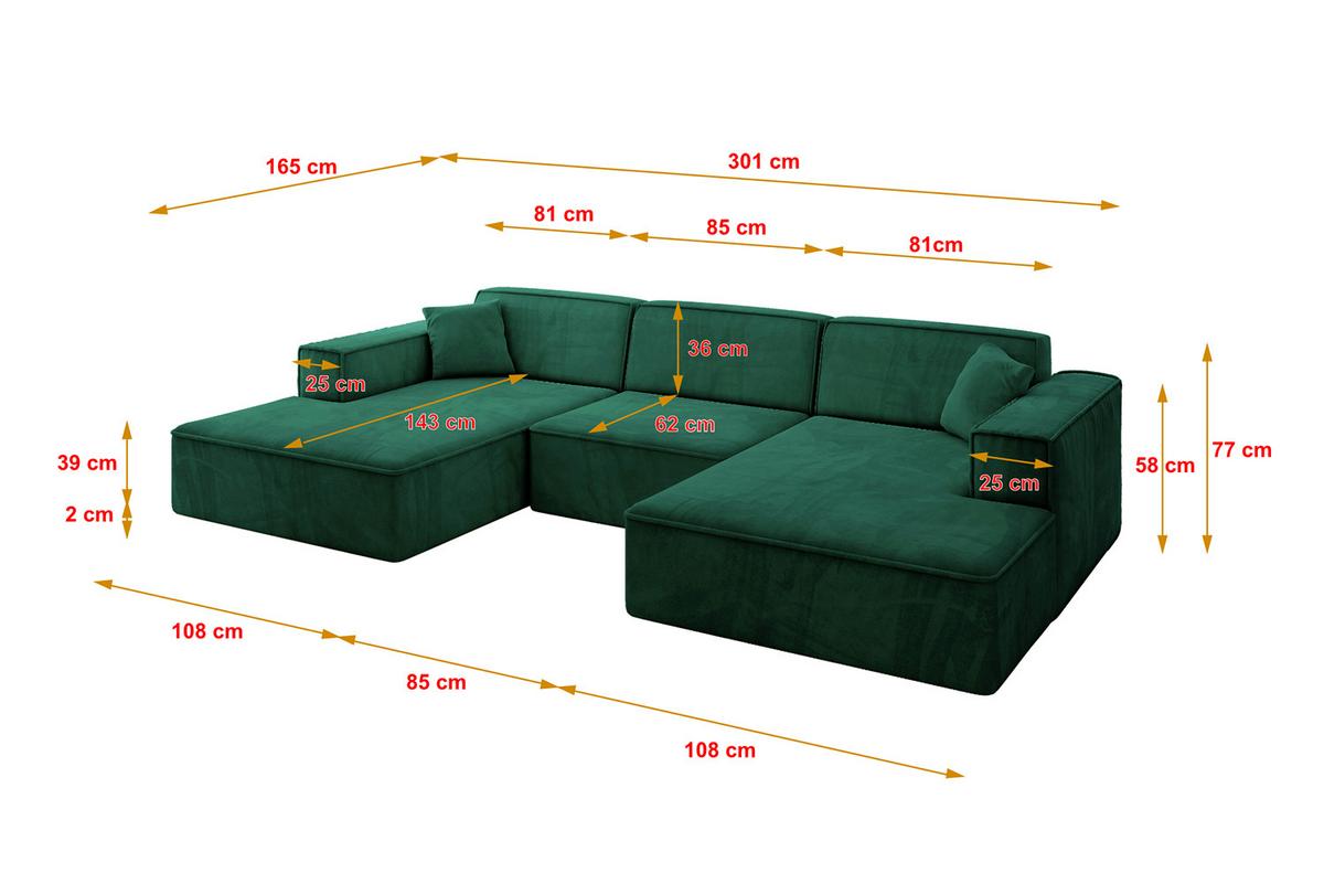 WOHNLANDSCHAFT IREA-U1-v4 - 301x165x77 cm Grün - Dunkelgrün, Holzwerkstoff/Textil (301/77/165cm) - ALTDECOR