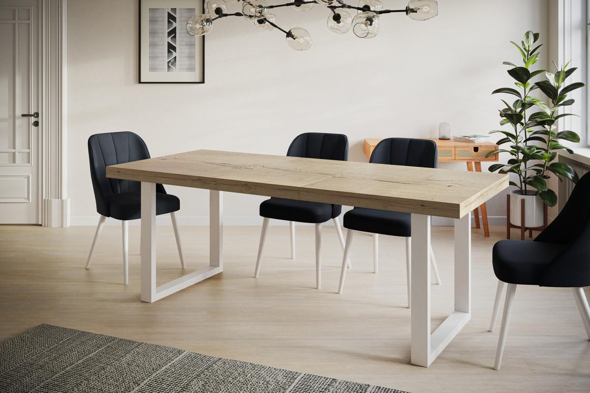INDUSTRIELLER Esszimmertisch LOFT-U, ausziehbarer Tisch, Größe: 180-280X90X77 cm, Wohnzimmertisch Farbe: HALIFAX, mit Metallbeinen in Farbe Weiß - Naturfarben/Weiß, Holzwerkstoff (180/90/77cm) - Alpi-Möbel