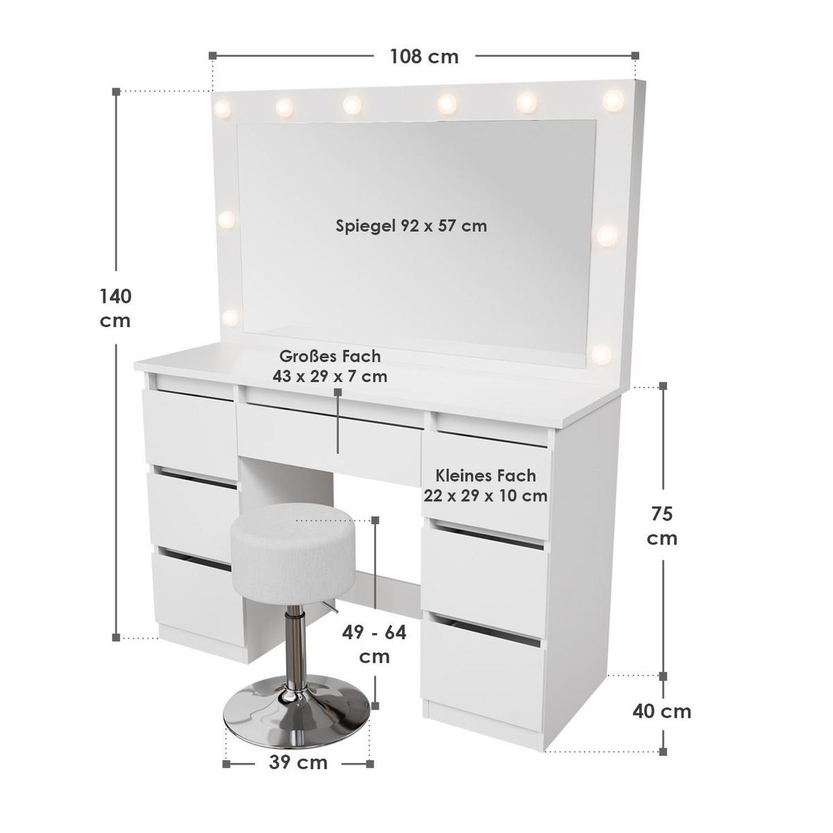 SCHMINKTISCH Lilia weiß mit LED-Beleuchtung und Hocker Tonia - Weiß, Holz (108/140/41cm) - Juskys