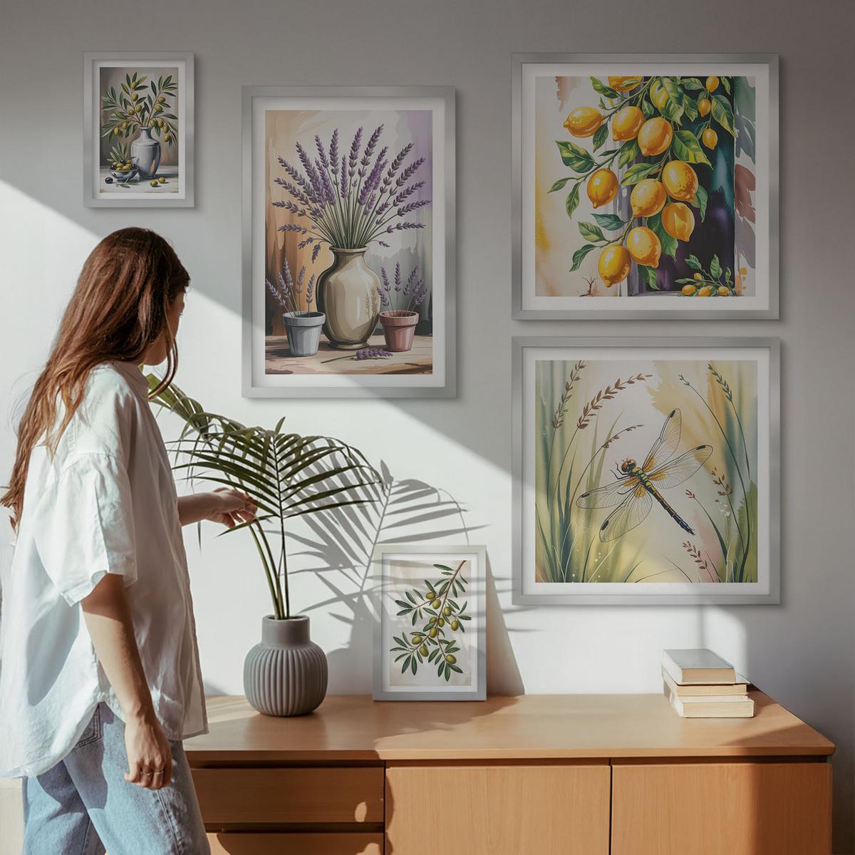 BILDER SET 5er Set - 50x50 cm & 20x30 cm & 40x60 cm Silberner Rahmen - Lavendelblüten und Architektur - Silberfarben, Kunststoff (40/60cm) - TULUP