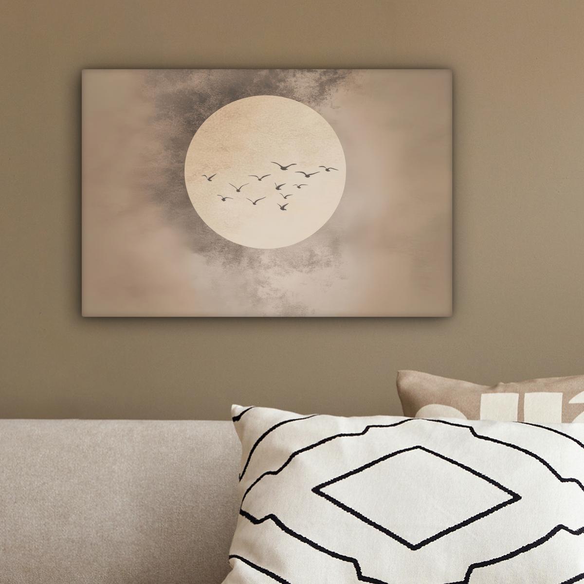LEINWANDBILD Vogel - Beige - Japanisch Deko Schlafzimmer 30x20 cm - Taupe, Textil (30/20cm) - MuchoWow