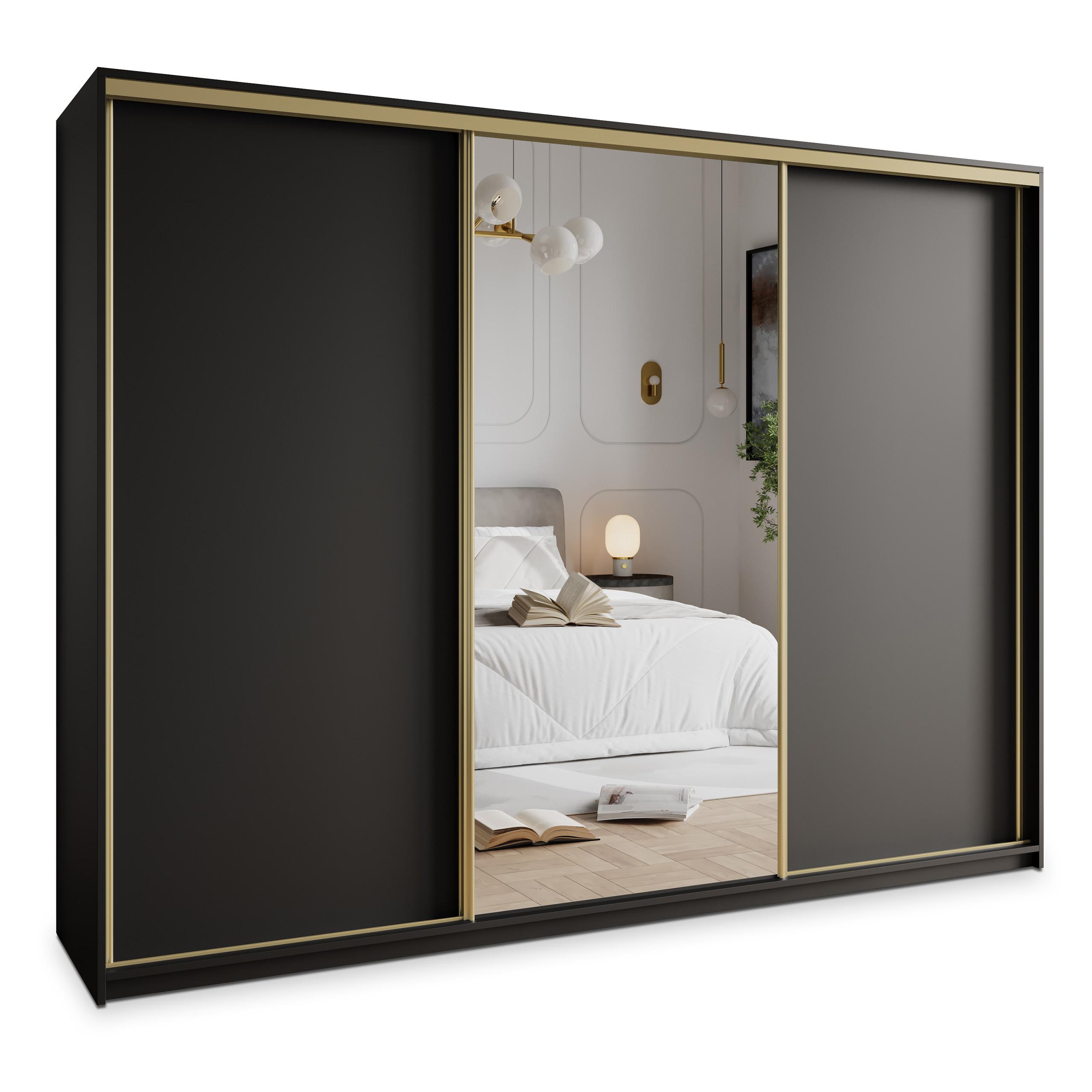SCHWEBETÜRENSCHRANK TAVI 250/205/60 cm 3-türig mit Spiegel und Schubladen Schwarz - Goldfarben/Schwarz, Holzwerkstoff (250/205/60cm) - MASSENO