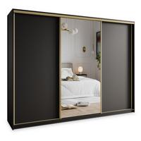 SCHWEBETÜRENSCHRANK TAVI 250/205/60 cm 3-türig mit Spiegel und Schubladen Schwarz - Goldfarben/Schwarz, Holzwerkstoff (250/205/60cm) - MASSENO