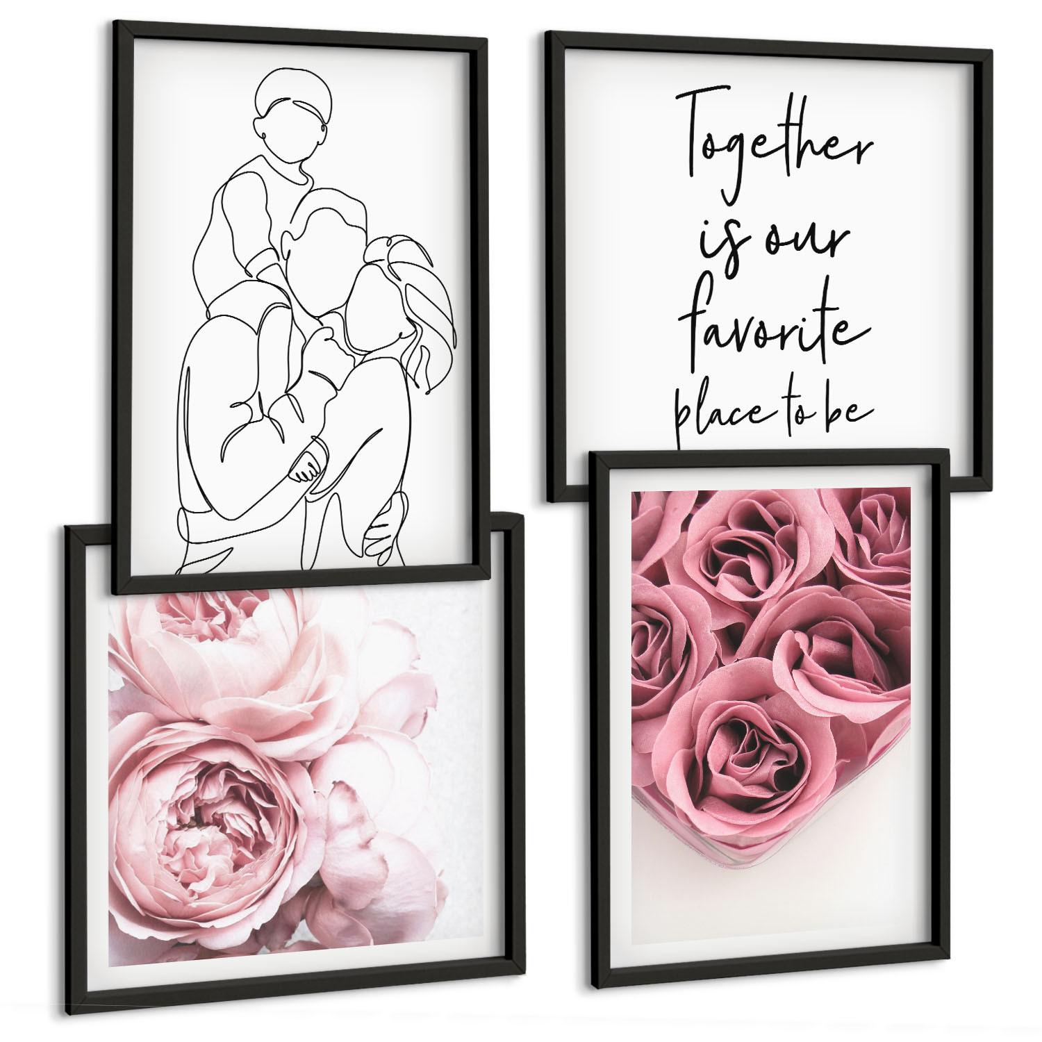 BILDER SET 4er Set - 50x50 cm & 40x60 cm Schwarzer Rahmen - Rosensträuße als Familienzeichnung - Schwarz, Kunststoff (50/50cm) - TULUP