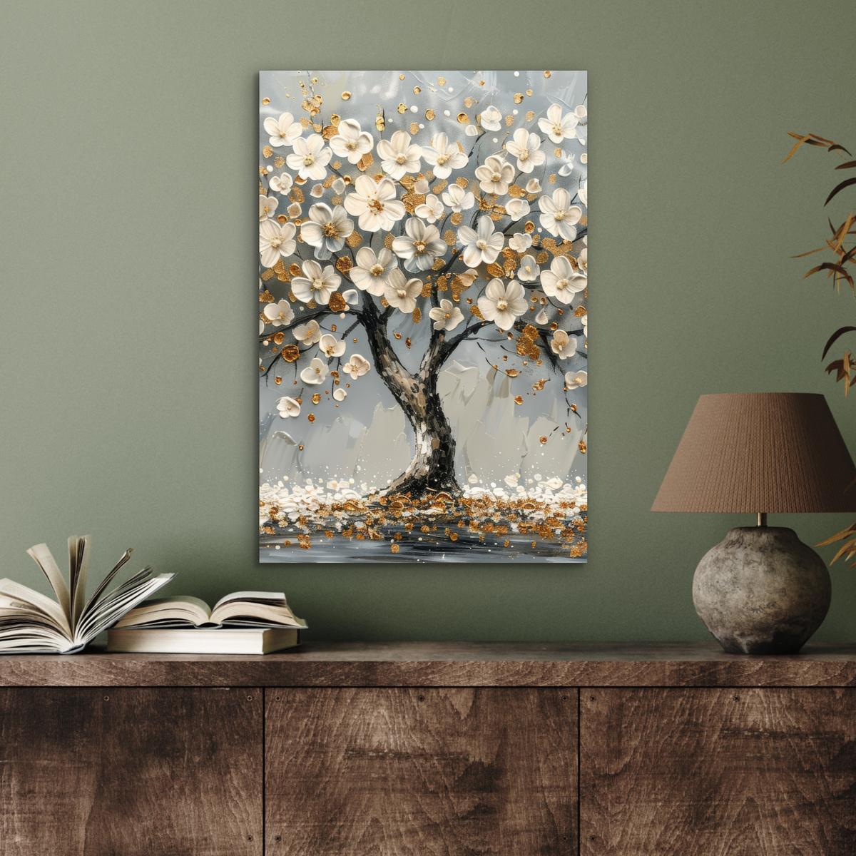 METALLBILD Baum - Blumen - Weiß - Natur - Kunst Deko Schlafzimmer 40x60 cm - Weiß, Metall (40/60cm) - MuchoWow
