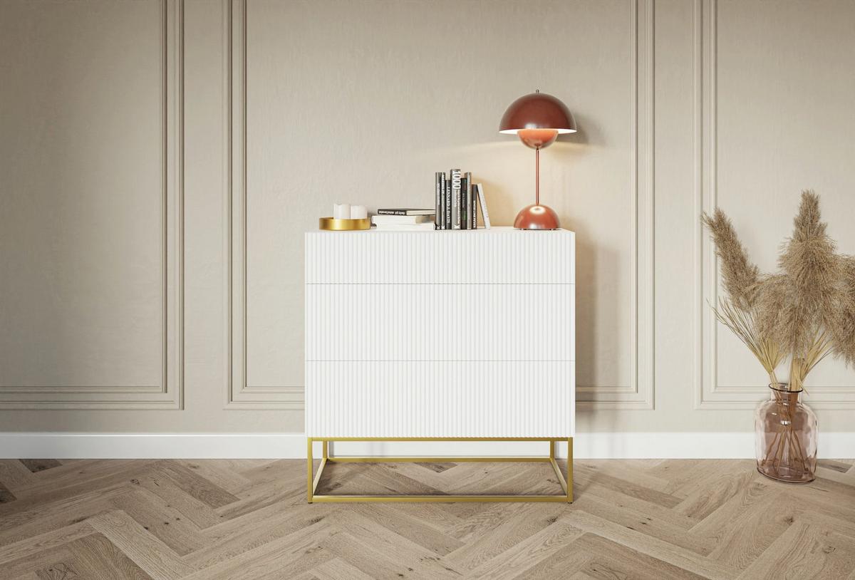 KOMMODE Veldio Weiß mit 3 Schubladen 90 cm - Goldfarben/Weiß, Holzwerkstoff/Metall (90/90/38cm) - Selsey