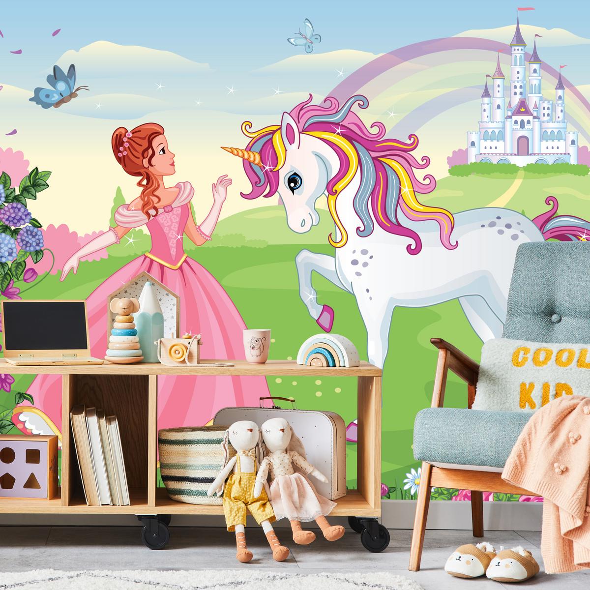 FOTOTAPETE für Kinderzimmer Prinzessin Einhorn Schloss Blumen 250x175 - Blau/Gelb, Papier (250/175cm) - Muralo