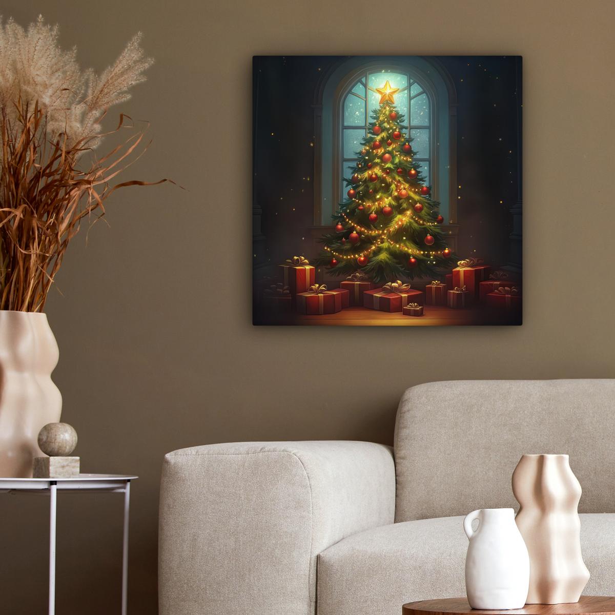 LEINWANDBILD Weihnachtsbaum - Geschenk - Winter Wandbild Wohnzimmer 50x50 cm - Grün, Textil (50/50cm) - MuchoWow