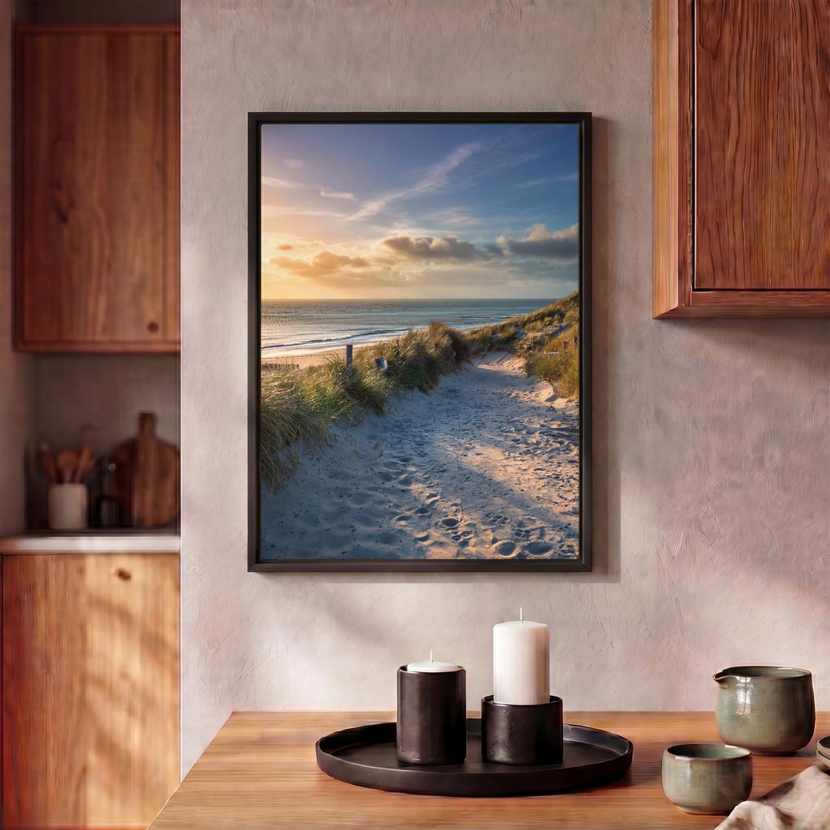LEINWAND Bilder mit Rahmen - Sonnenuntergang - Strand - Düne - Gras - Ufer - 30x40 - Sandfarben, Textil (30/40cm) - MuchoWow