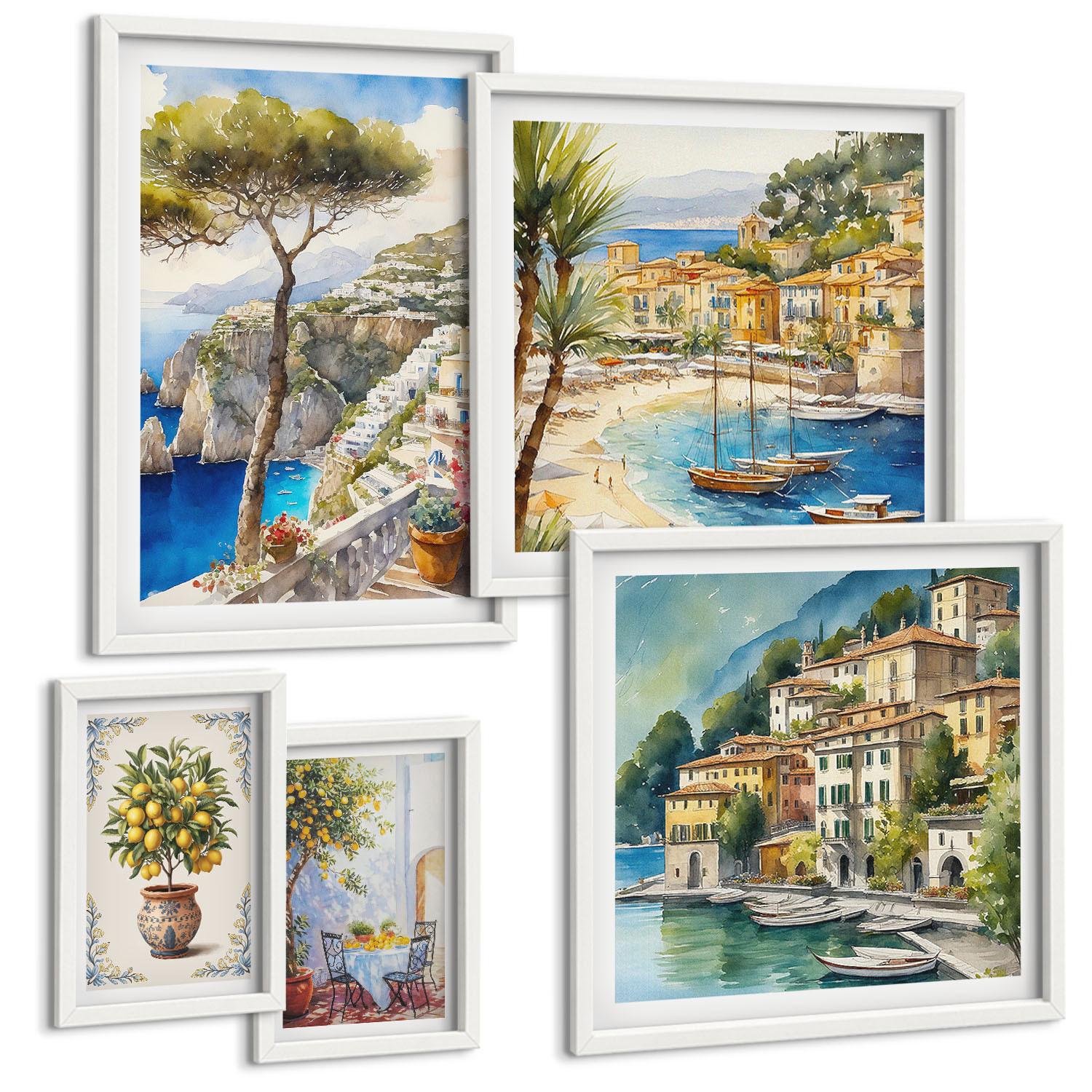 BILDER SET 5er Set - 50x50 cm & 20x30 cm & 40x60 cm Weißer Rahmen - Monochromatische Brückentürme - Weiß, Kunststoff (40/60cm) - TULUP