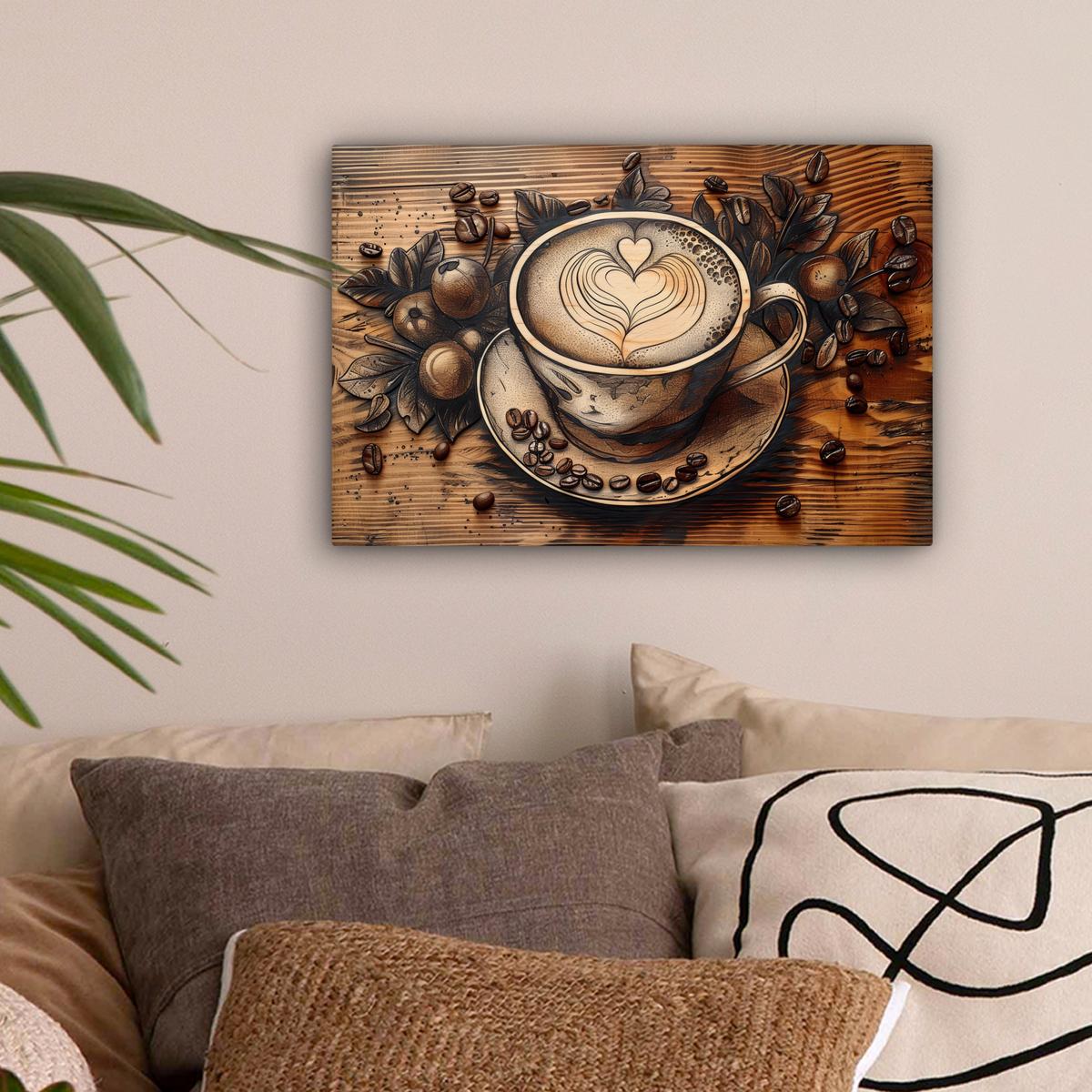 LEINWANDBILD Kaffee - Vintage - Braun - Tasse - Holz Deko Schlafzimmer 30x20 cm - Braun, Textil (30/20cm) - MuchoWow