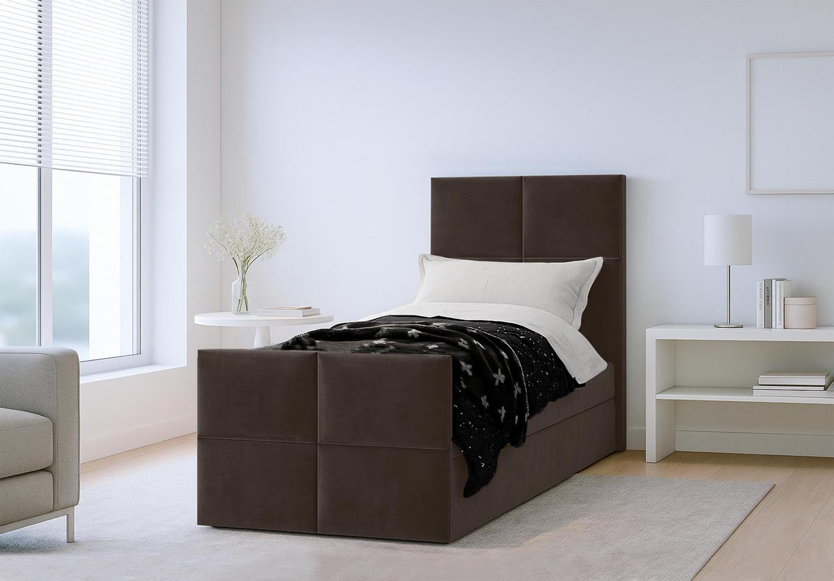BOXBETT ALEYNA 90x200 cm mit Bettkasten und Matratze - Braun + TOPPER - Schwarz/Braun, Holz/Holzwerkstoff (90/200cm) - AX Living