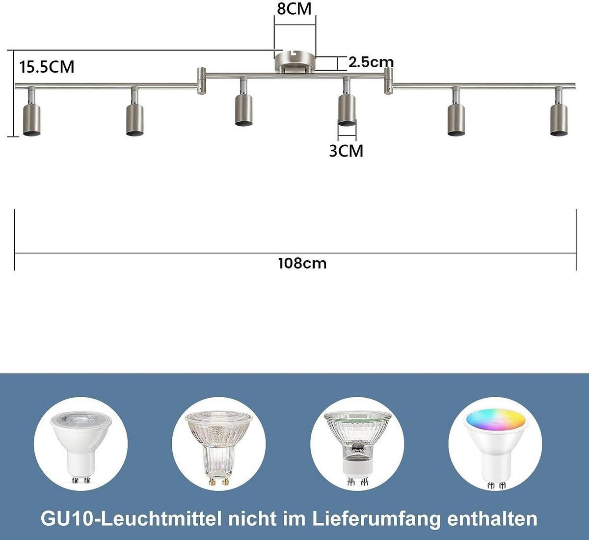 DECKENSTRAHLER Blitz 6-flammig 108/8/15 cm - Silberfarben, Metall (108/8/15cm) - Nettlife
