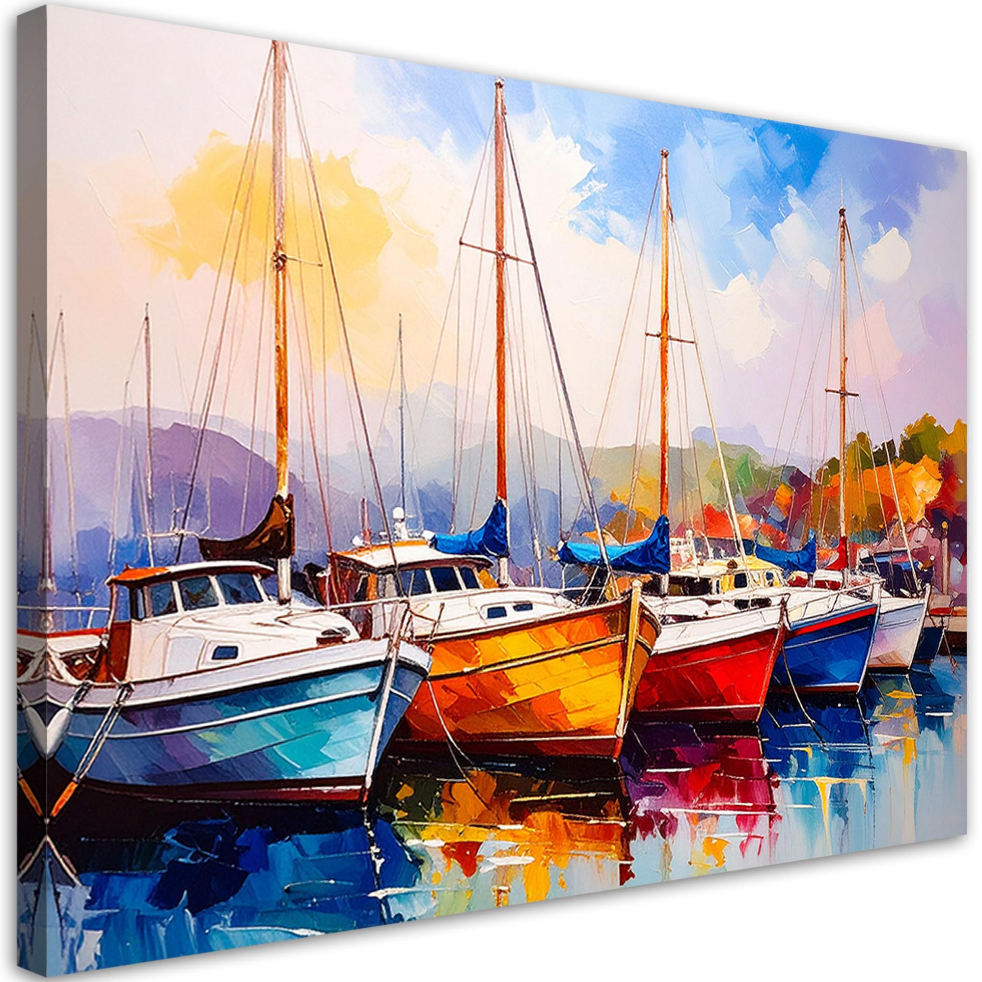 LEINWANDBILD Bunte Boote Schiffe Hafen 100x70cm - Multicolor, Textil (100/70cm) - Feeby
