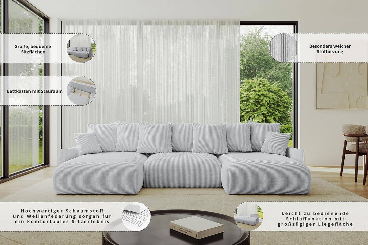 WOHNLANDSCHAFT mit Schlaffunktion und Bettkasten ONESK-U-v1 317x177x72 Apricot Velours - Koralle, Holzwerkstoff/Kunststoff (317/72/177cm) - ALTDECOR
