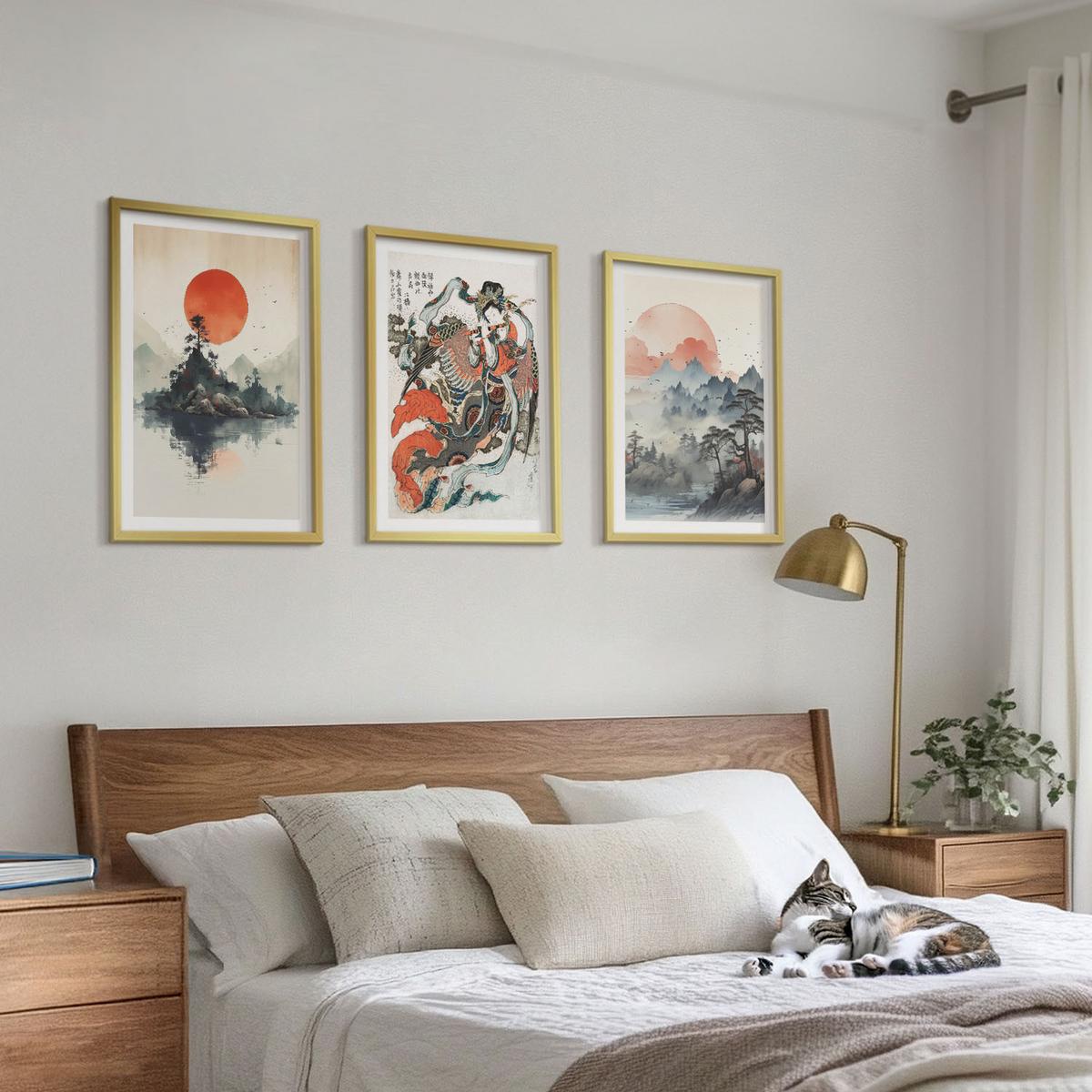 BILDER SET 3er Set - 40x60 cm Goldrahmen - Asiatische Japandi-Malereien - Goldfarben, Kunststoff (40/60cm) - TULUP
