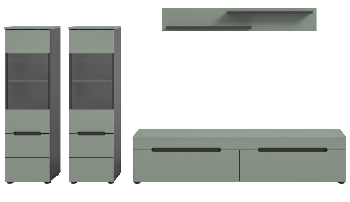 WOHNWAND Salbei Grün und Grau, Schrankwand 270 cm hängend oder stehend, Soft-Close - Salbeigrün/Schwarz, Glas/Holzwerkstoff (272/141/33cm) - Inn.Furn