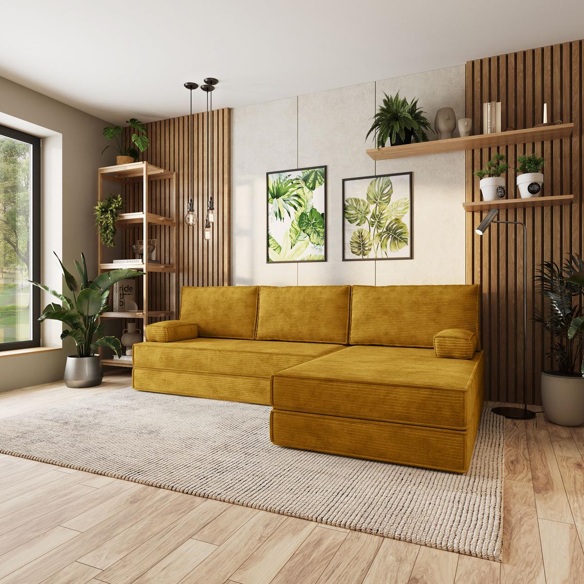 ECKSOFA ANKO modulares Boneless Sofa mit Schlaffunktion Gelb Kordstoff - Gelb, Textil (270/160cm) - MASSENO
