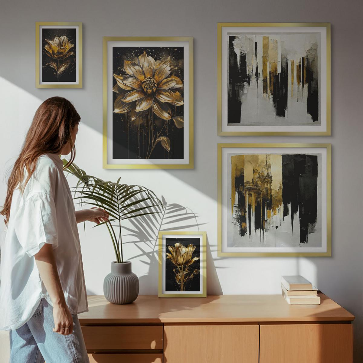 BILDER SET 5er Set - 50x50 cm & 20x30 cm & 40x60 cm Goldrahmen - Blumenbrücke – Lebensinspiration - Goldfarben, Kunststoff (40/60cm) - TULUP