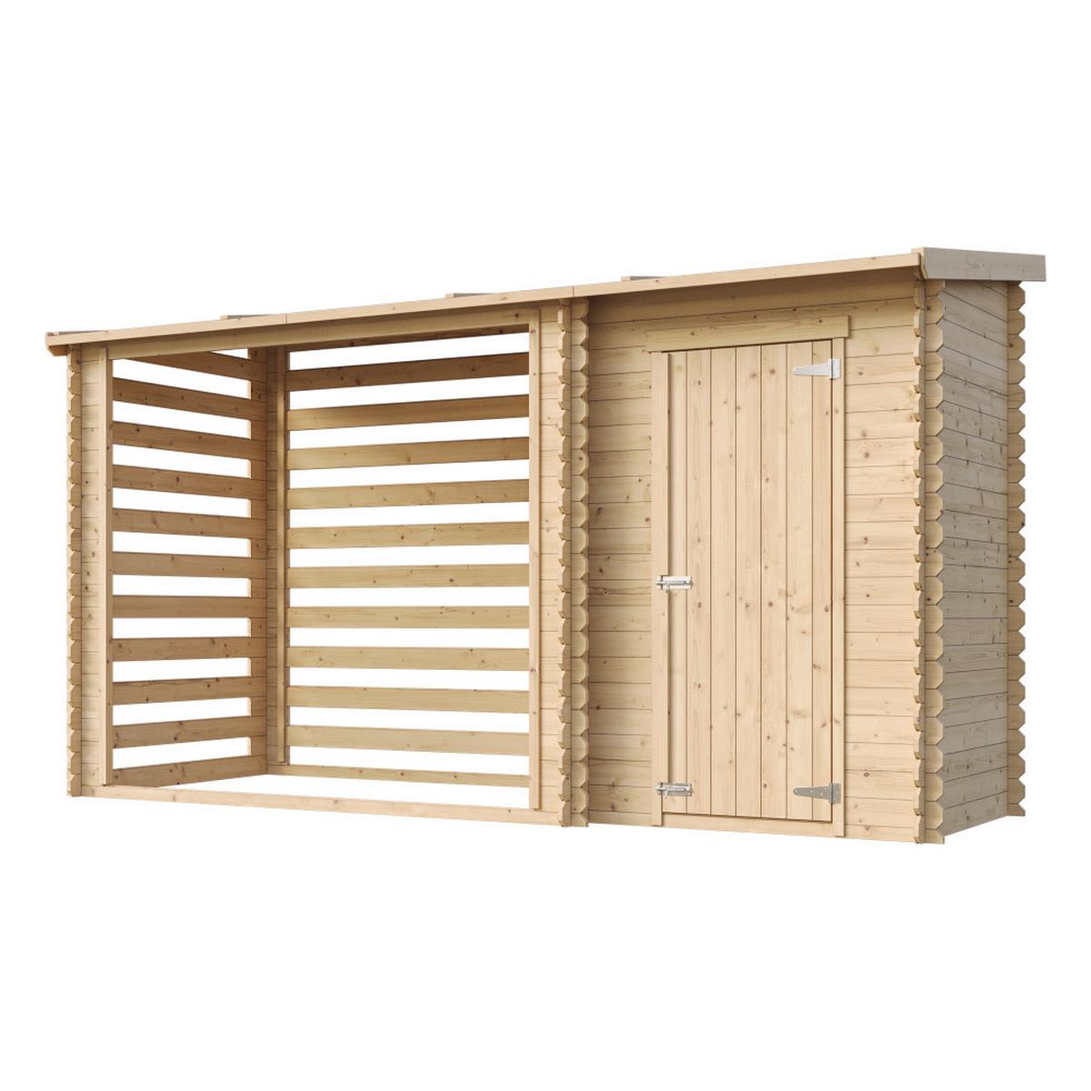 BRENNHOLZLAGER aus Holz mit Geräteraum 3,64 m², Kaminholzregal mit Pultdach, ca. 3,8 m³ Brennholzkapazität, 348 x 146 x 199 cm (B x T x H) - Naturfarben, Holz (348/199/146cm) - Timbela