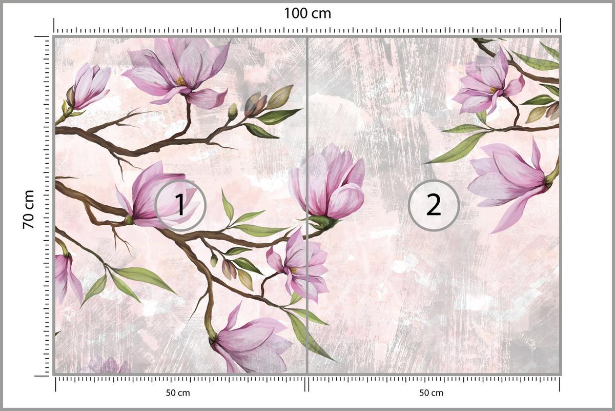 FOTOTAPETE für Schlafzimmer Rosa Magnolienblüten Botanisch 100x70 - Beige/Violett, Papier (100/70cm) - Muralo
