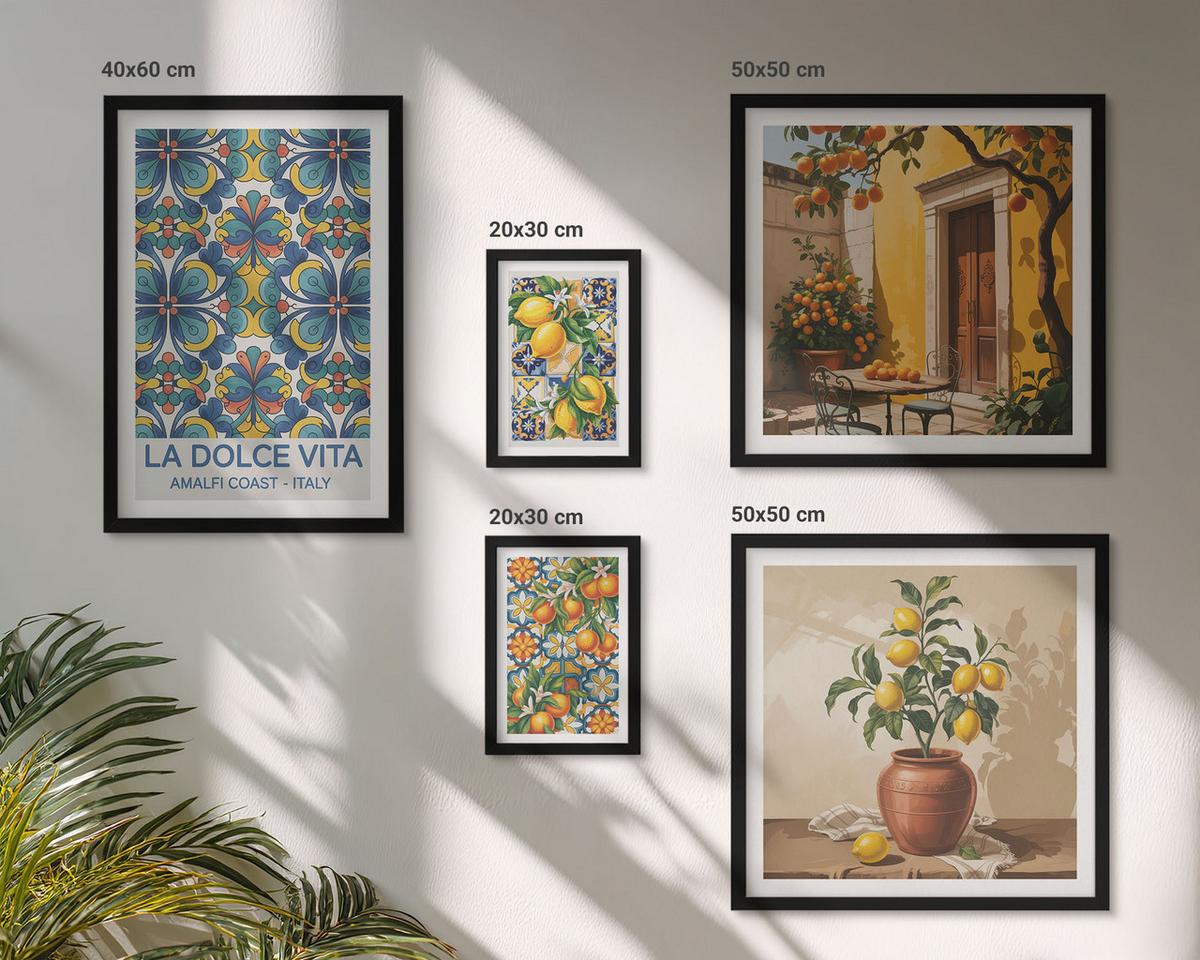 BILDER SET 5er Set - 50x50 cm & 20x30 cm & 40x60 cm Schwarzer Rahmen - Zitronen, Blumen, Orangen, Italien - Schwarz, Kunststoff (40/60cm) - TULUP