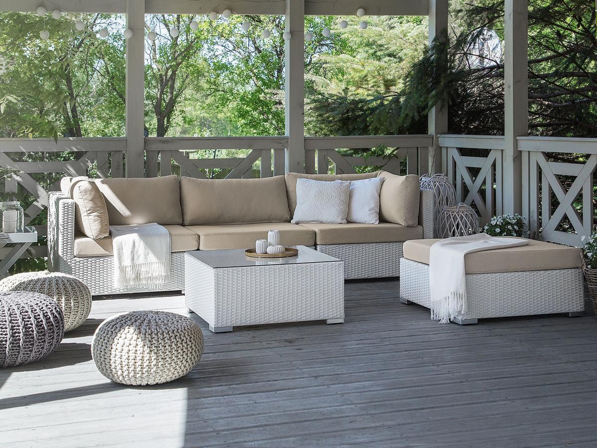 LOUNGE SET 4-Sitzer weiß rechtsseitig modular Auflagen sandbeige Sano - Beige/Weiß, Kunststoff - Beliani