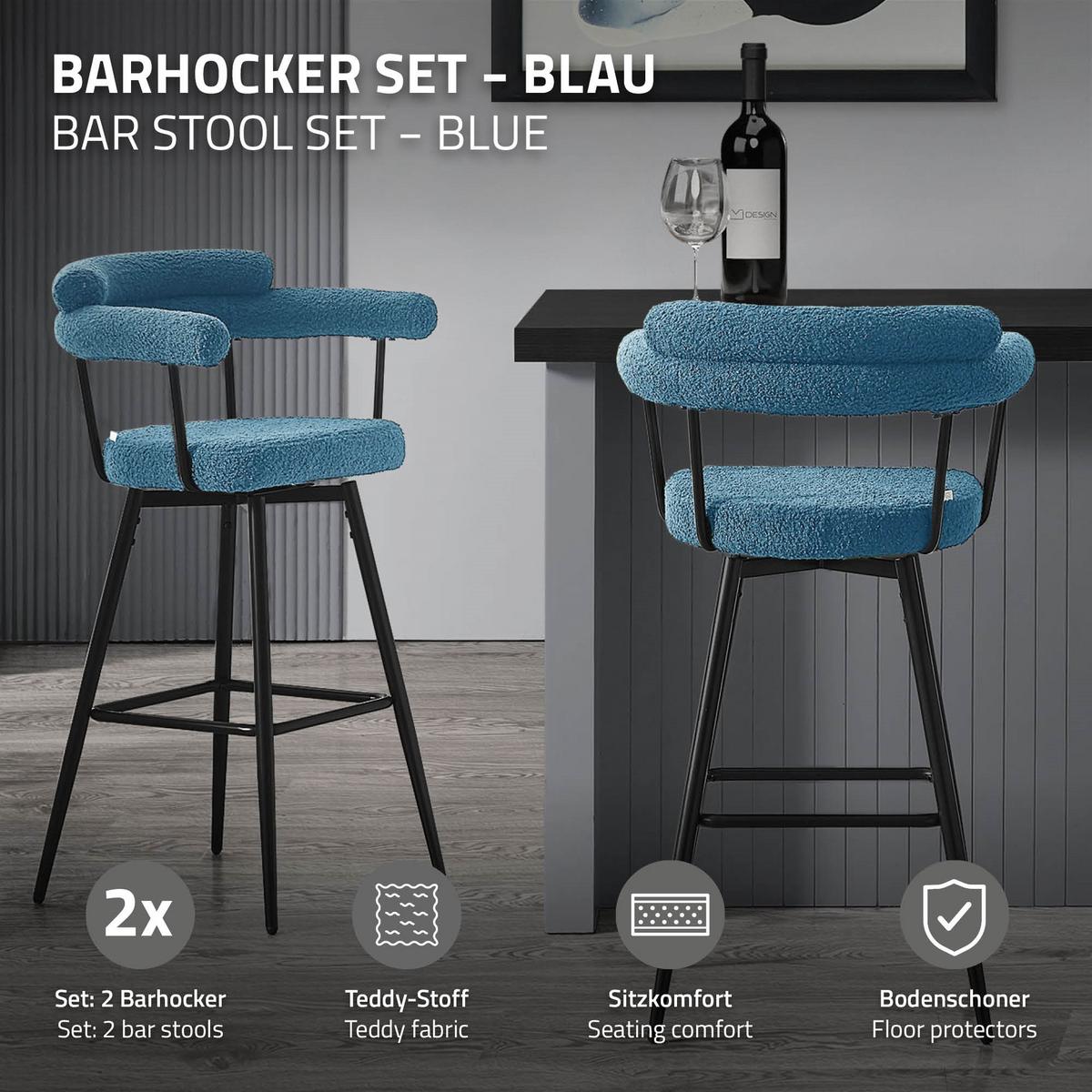 BARHOCKER 2er Set drehbar Blau mit Teddy-Stoff 76 cm hoch - Blau/Schwarz, Textil/Metall (61/103/55cm) - ML-DESIGN