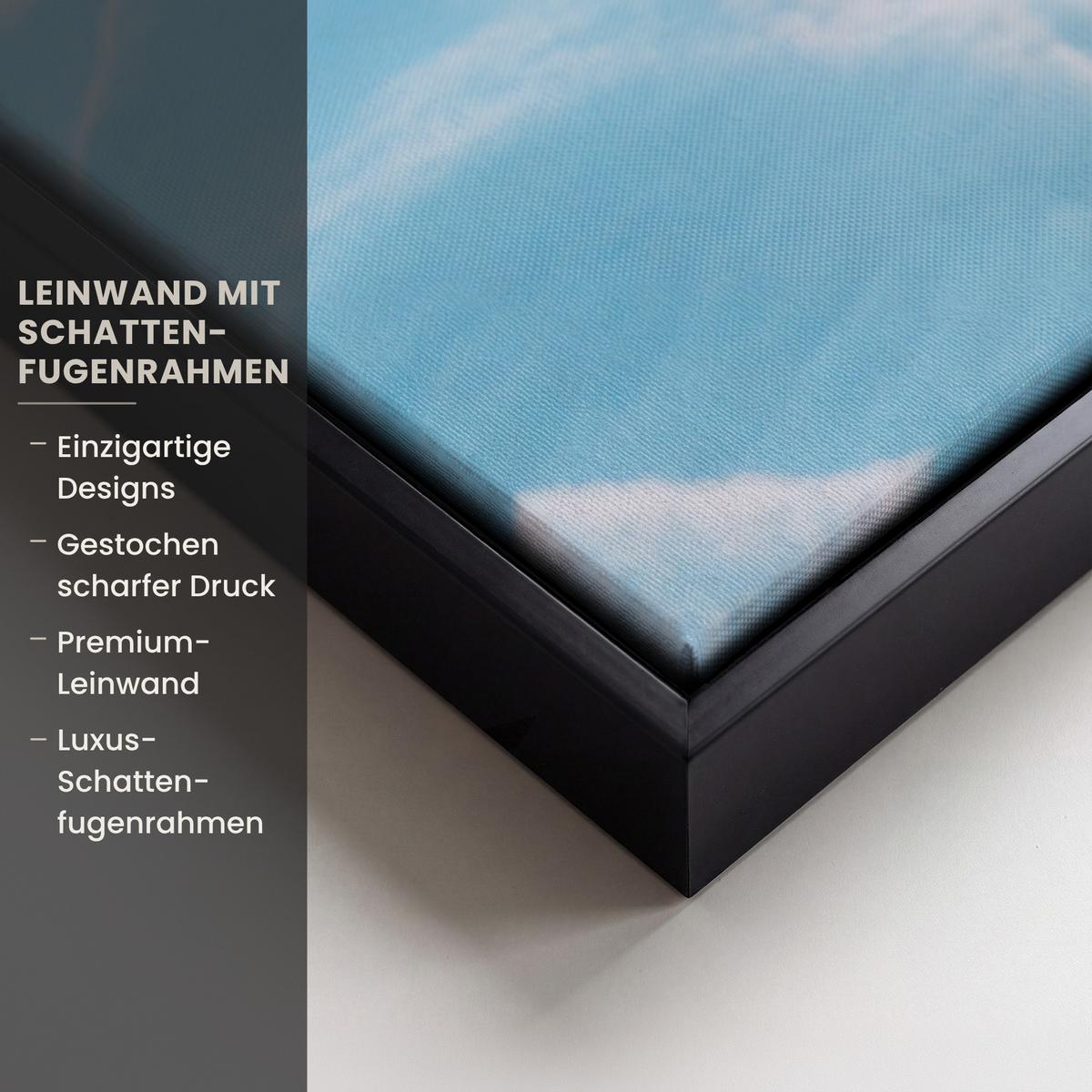 LEINWAND Bilder mit Rahmen - Winterlandschaft - Natur - Haus - Berge - Schnee - 140x90 - Hellblau, Textil (140/90cm) - MuchoWow