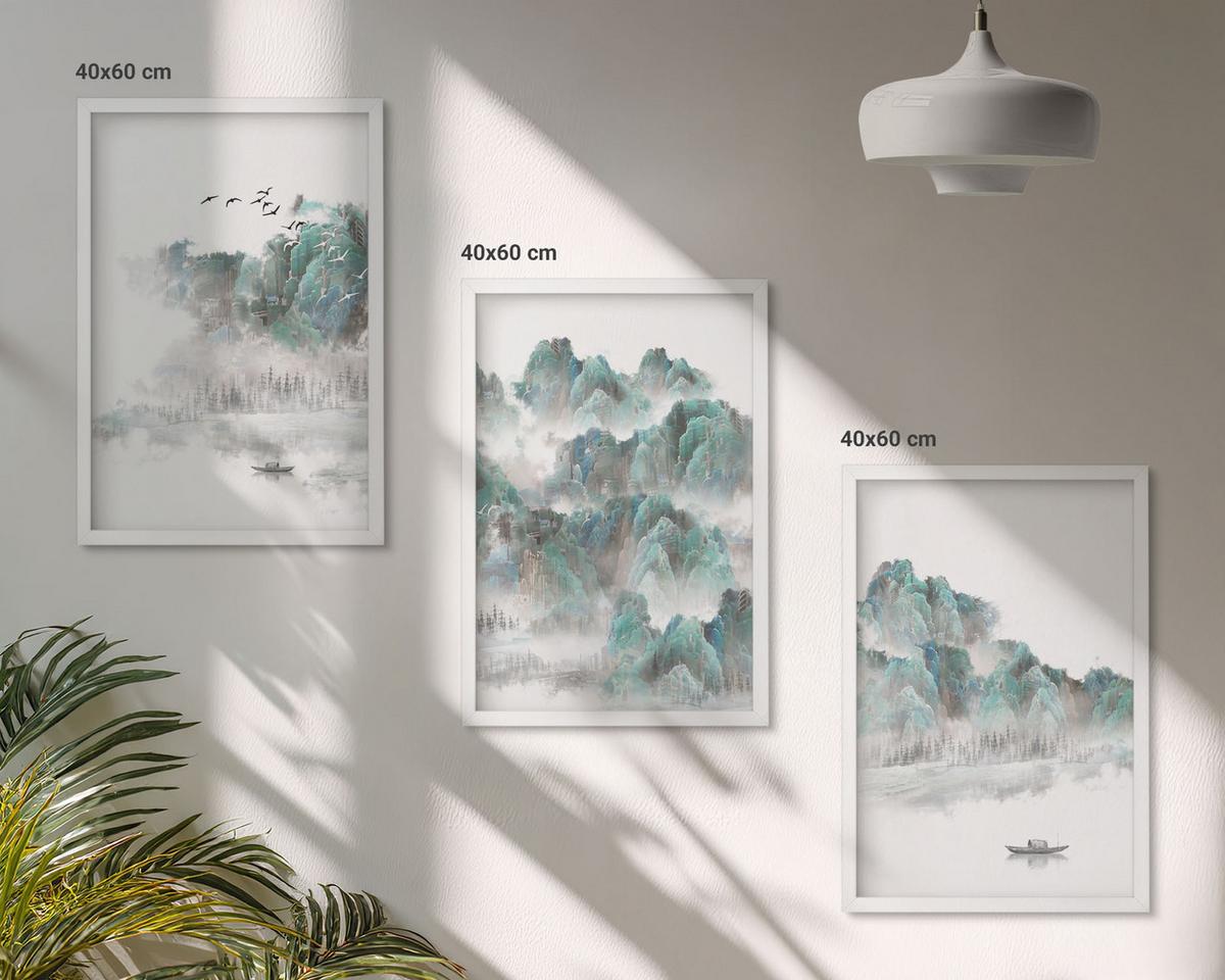 BILDER SET 3er Set - 40x60 cm Weißer Rahmen - Berge, Wolken, Vögel, Boot, Japandi - Weiß, Kunststoff (40/60cm) - TULUP