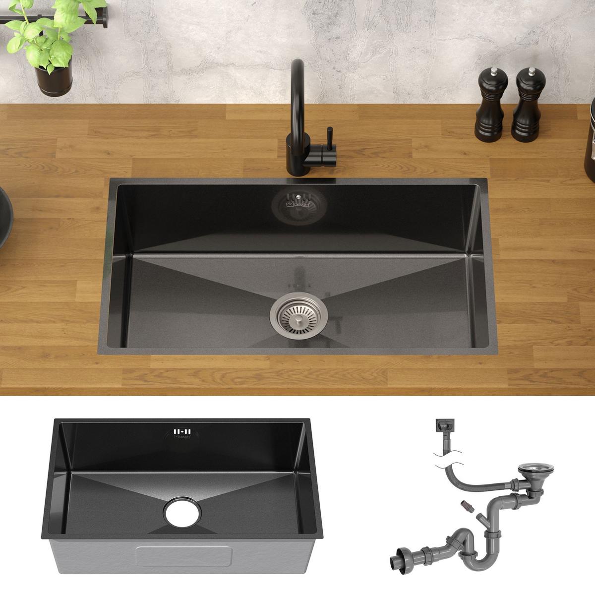 SPÜLBECKEN aus Edelstahl 70x40 cm Anthrazit mit Siphon - Anthrazit, Metall (70/20/40cm) - ML-DESIGN