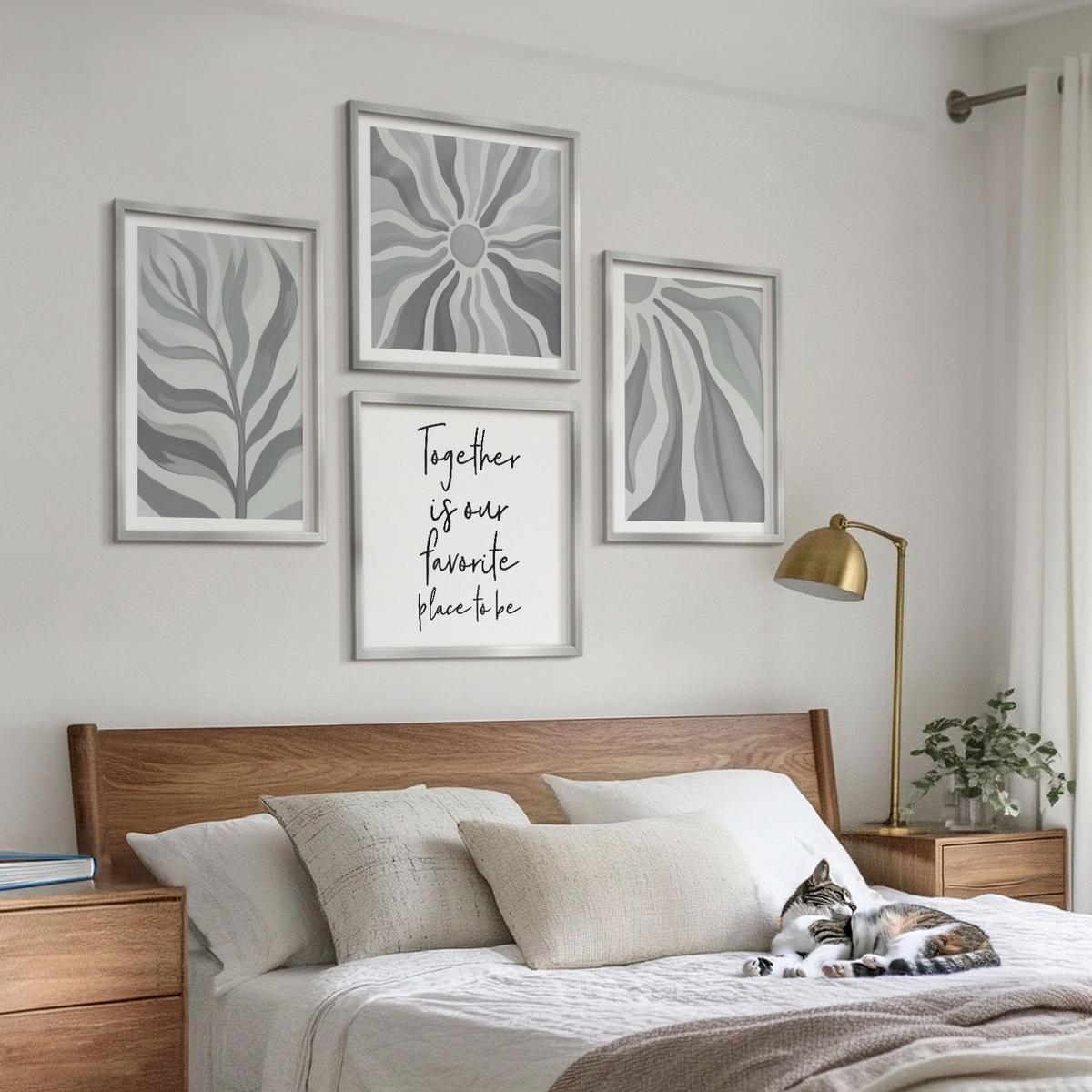 BILDER SET 4er Set - 50x50 cm & 40x60 cm Silberner Rahmen - Illustrationen mit floralen Pastellmustern - Silberfarben, Kunststoff (50/50cm) - TULUP