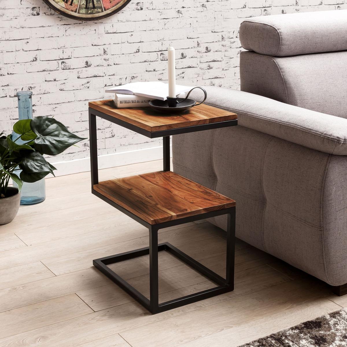BEISTELLTISCH Massivholz Metall S-Form Landhausstil AKOLA, Dunkelbraun 30x45x60 cm - Schwarz/Braun, Holz/Metall (45/30/60cm) - KADIMA DESIGN