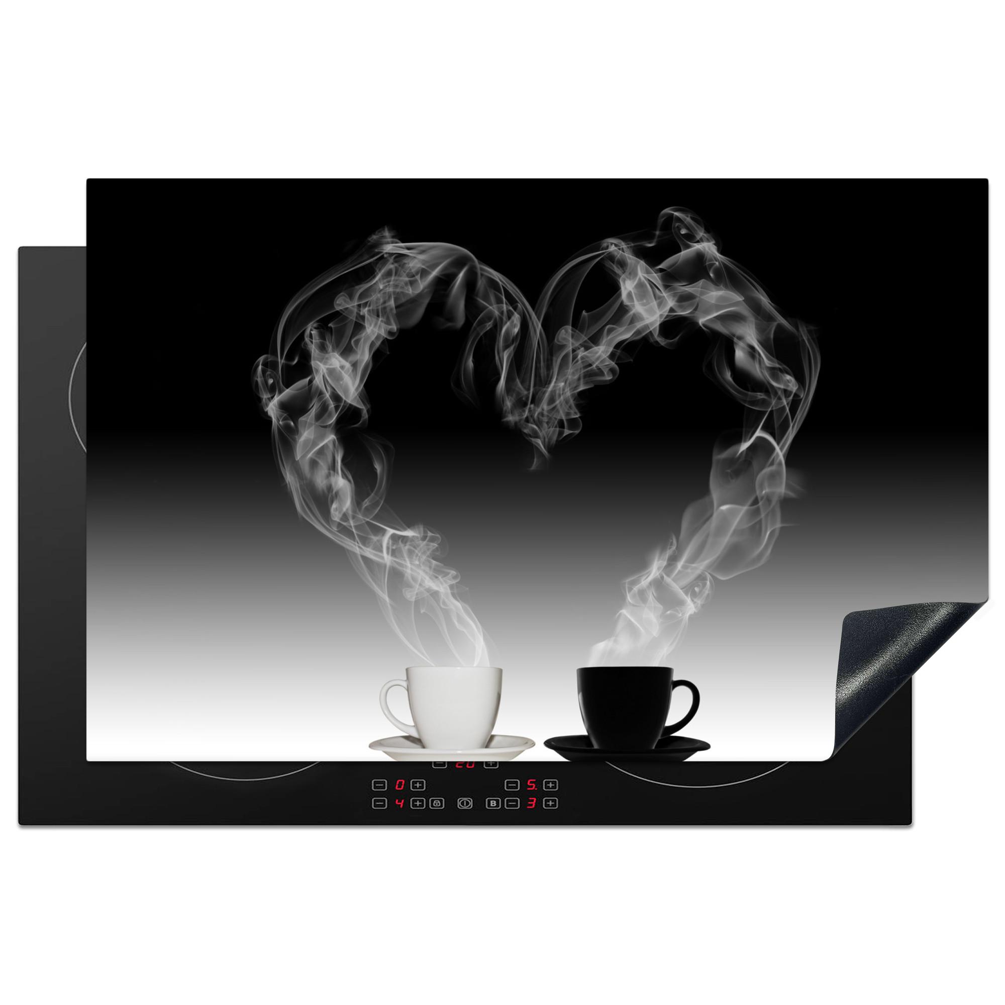 HERDABDECKPLATTE Kaffee - Herz - Schwarz und weiß - Tassen Induktionsschutz 80x52.2 cm - Weiß, Kunststoff (80.2/52.2/0.2cm) - MuchoWow